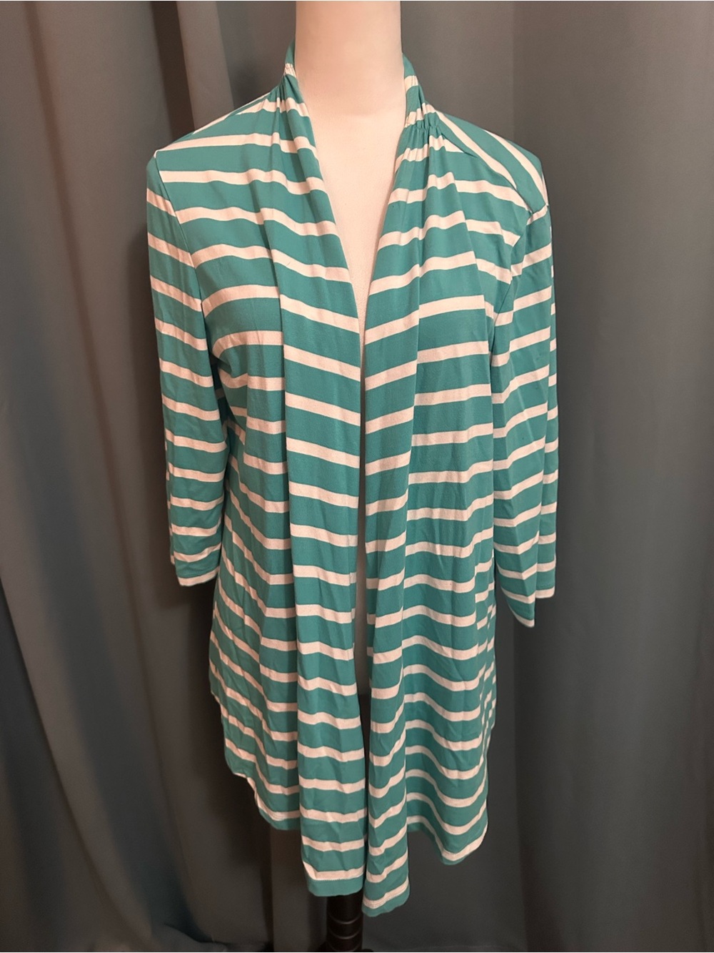 Susan Graver Weekend Cardigan 1X Turquoise White Stripe Open Front Cotton Modal